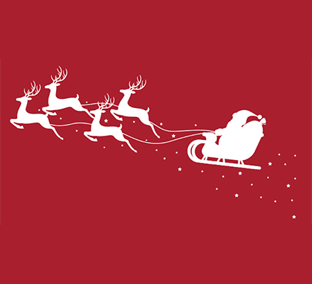 A silhouette of Santa's sleigh being pulled by reindeer against a red background