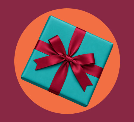 a teal gift box with a maroon ribbon bow, set against an orange circle on a dark maroon background