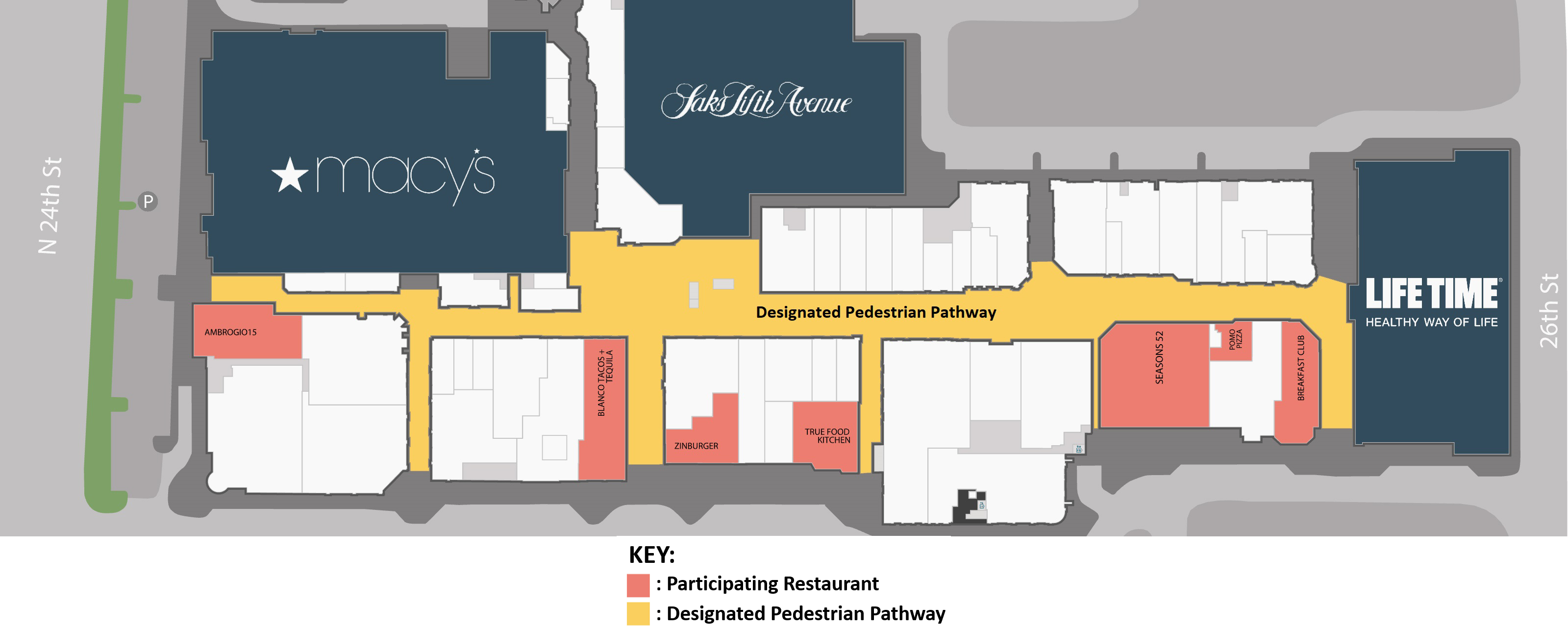 A map of Biltmore Fashion Park showing participating restaurants and the designated pedestrian pathway