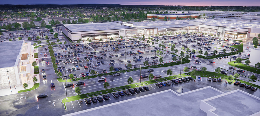 An overhead-view rendering of the redevelopment at Green Acres Mall at dusk