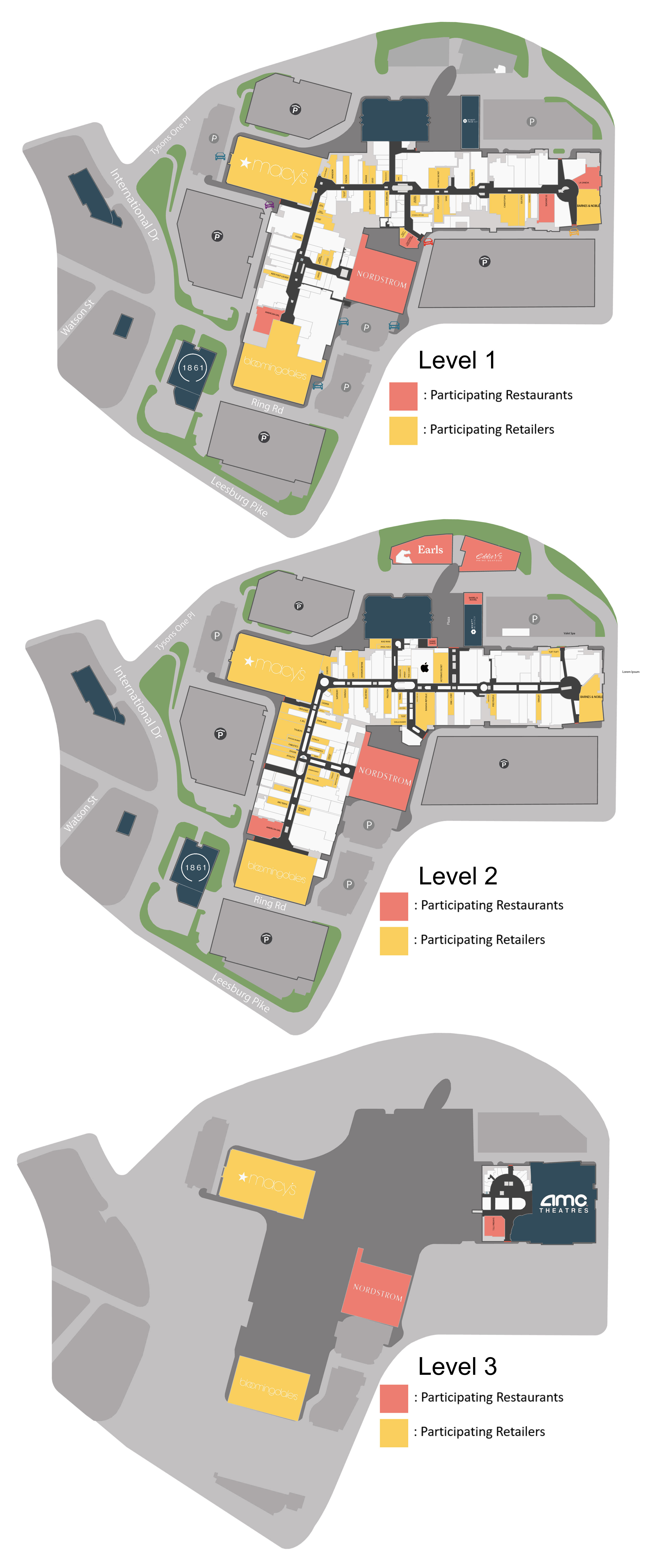 A map of Tysons Corner Center identifying the participating restaurants and retailers for the Shopping With a Twist program