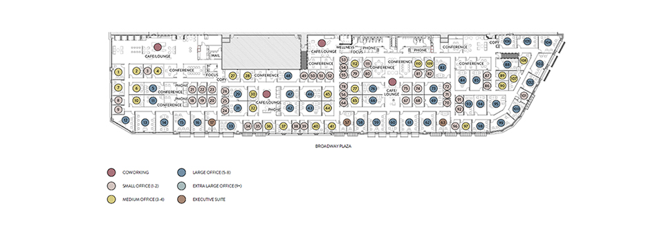 Site plan of Industrious showing the locations of the following space types: coworking, small office (1-2), medium office (3-4), large office (5-8), extra large office (9+) and executive suite.