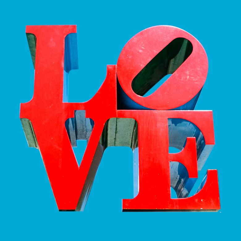 LOVE word art in red on a blue background