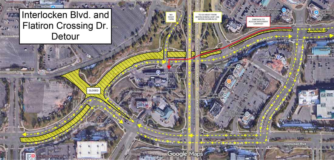 Map showing a detour at the intersection of Interlocken Blvd. and Flatiron Crossing Dr., with highlighted yellow routes and directional arrows guiding traffic around a closed section of road near a roundabout. Red lines indicate blocked areas, and labels mark key directions, including access toward Interlocken Loop and nearby businesses.