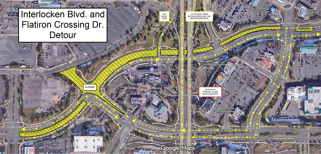 Map showing a detour at the intersection of Interlocken Blvd. and Flatiron Crossing Dr., with highlighted yellow routes and directional arrows guiding traffic around a closed section of road near a roundabout. Red lines indicate blocked areas, and labels mark key directions, including access toward Interlocken Loop and nearby businesses.
