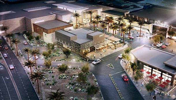 Aerial rendering of the Scottsdale Fashion Square redevelopment at night