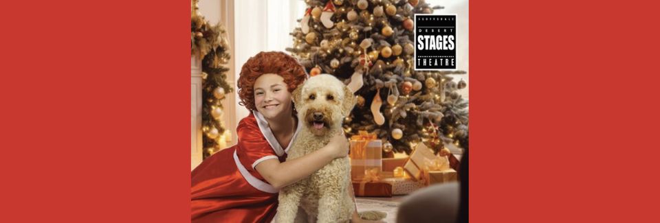 annie dec 6-22, 2024. girl with red hair posing with sandy dog in front of christmas tree and fireplace