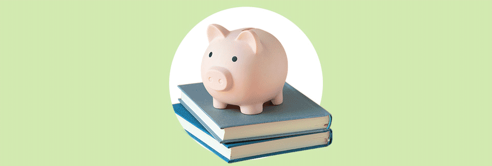 Piggy bank on a stack of books representing points earned for local schools.