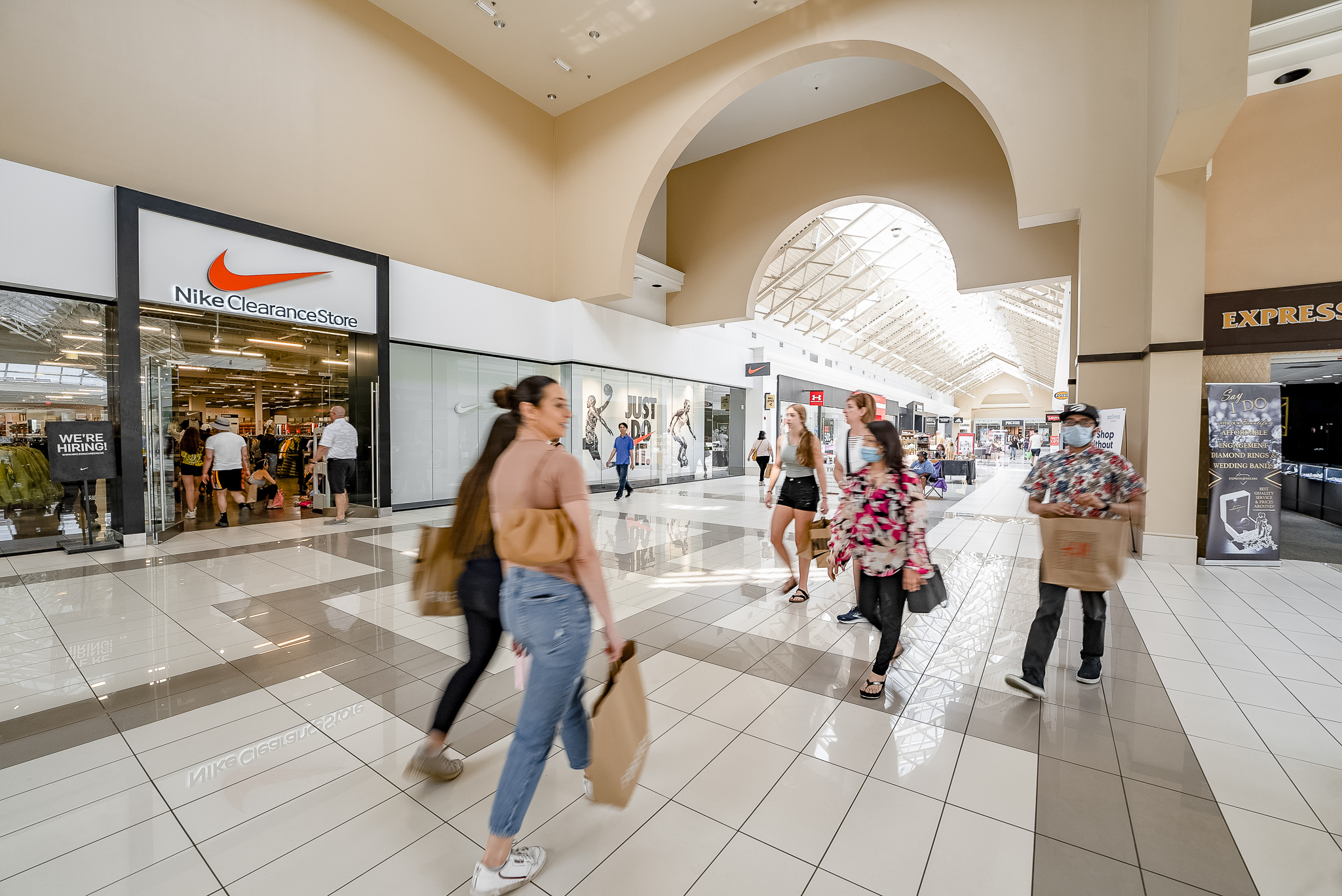 Shoppers walking inside Fashion Outlets of Niagara Falls, USA
