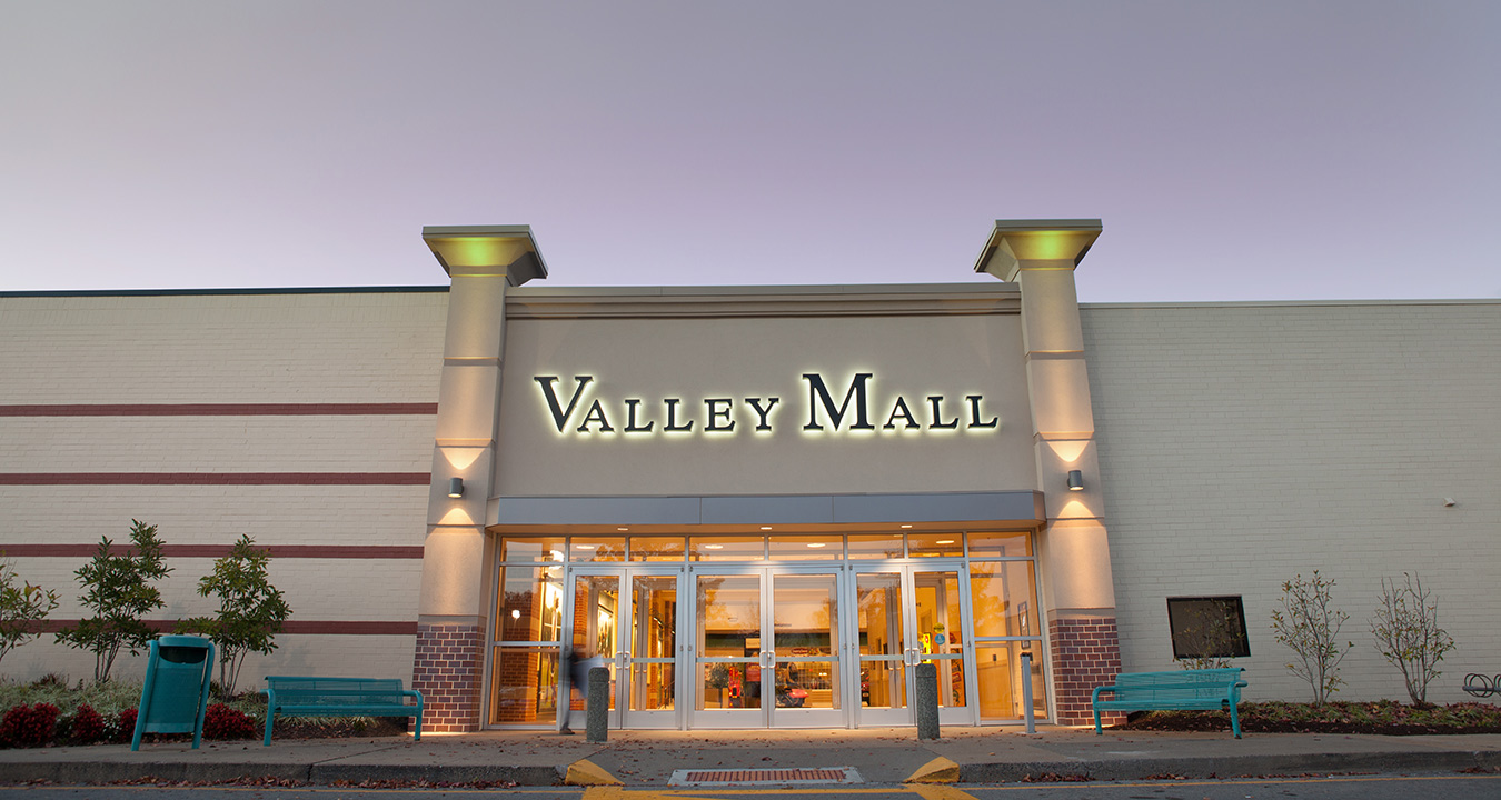 Valley Mall's exterior entrance at night