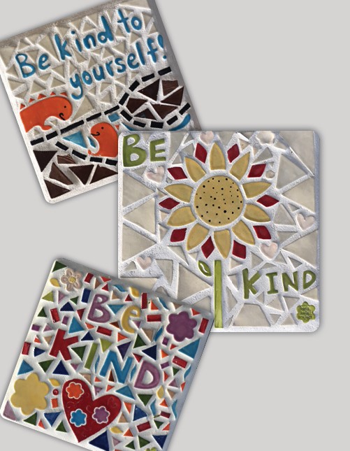 Mosaic stones with kindness messaging.