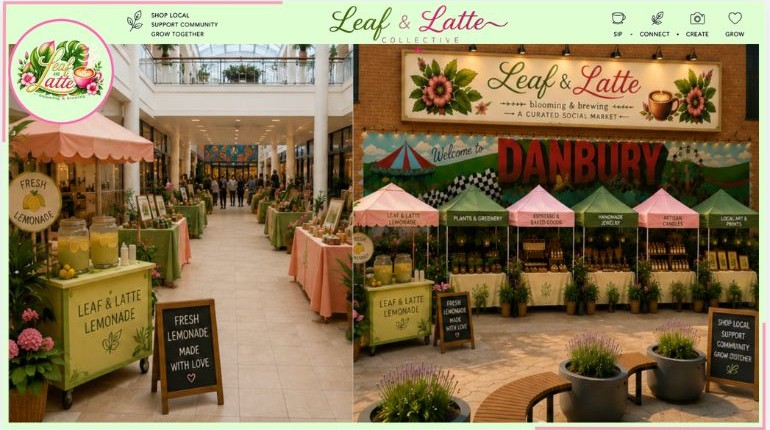 Leaf & Latte Collective market at Danbury Fair, with vendor tents and a lemonade cart in the mall corridor.