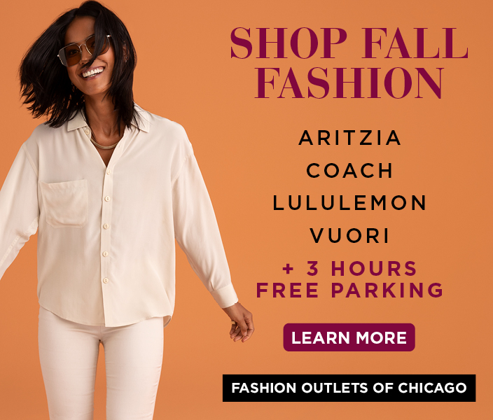 woman in beige outfit. shop fall fashion. aritzia. coach. lululemon. vuori. learn more. plus 3 hours free parking. fashion outlets of chicago