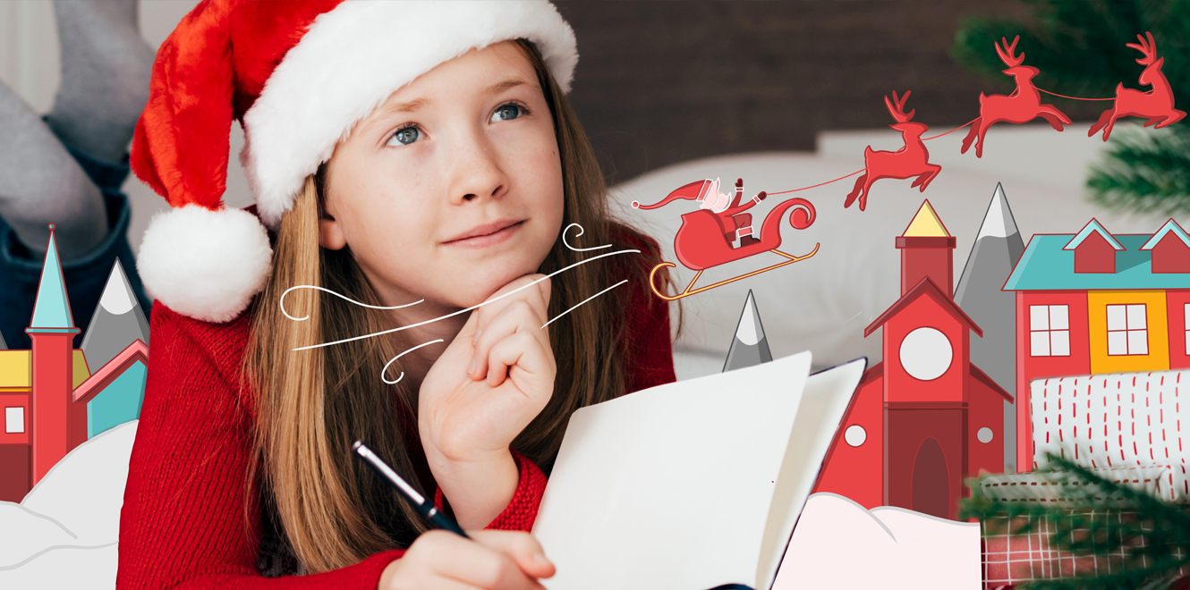 Girl in a Santa hat, writing in journal. A cartoon Santa's sleigh flying over a town is drawn alongside her.