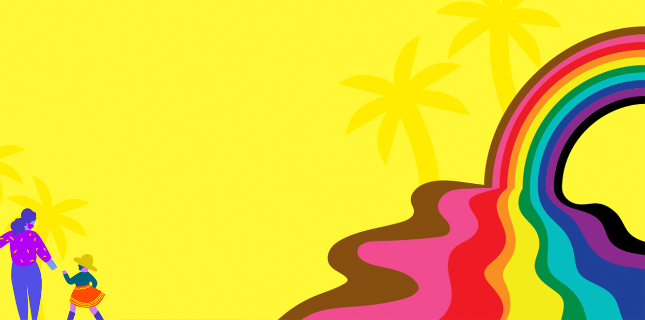 A psychedelic illustration of a melting rainbow, palm trees, and a mother and daughter holding hands