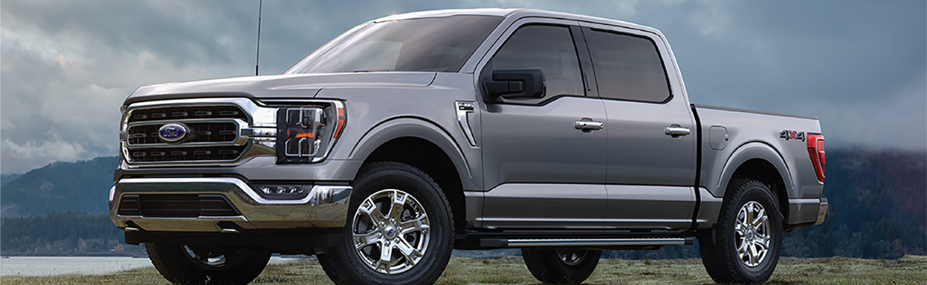 Ford truck in mountains. Text reads: Preproduction computer -generated image shown. Avilable Fall 2020.