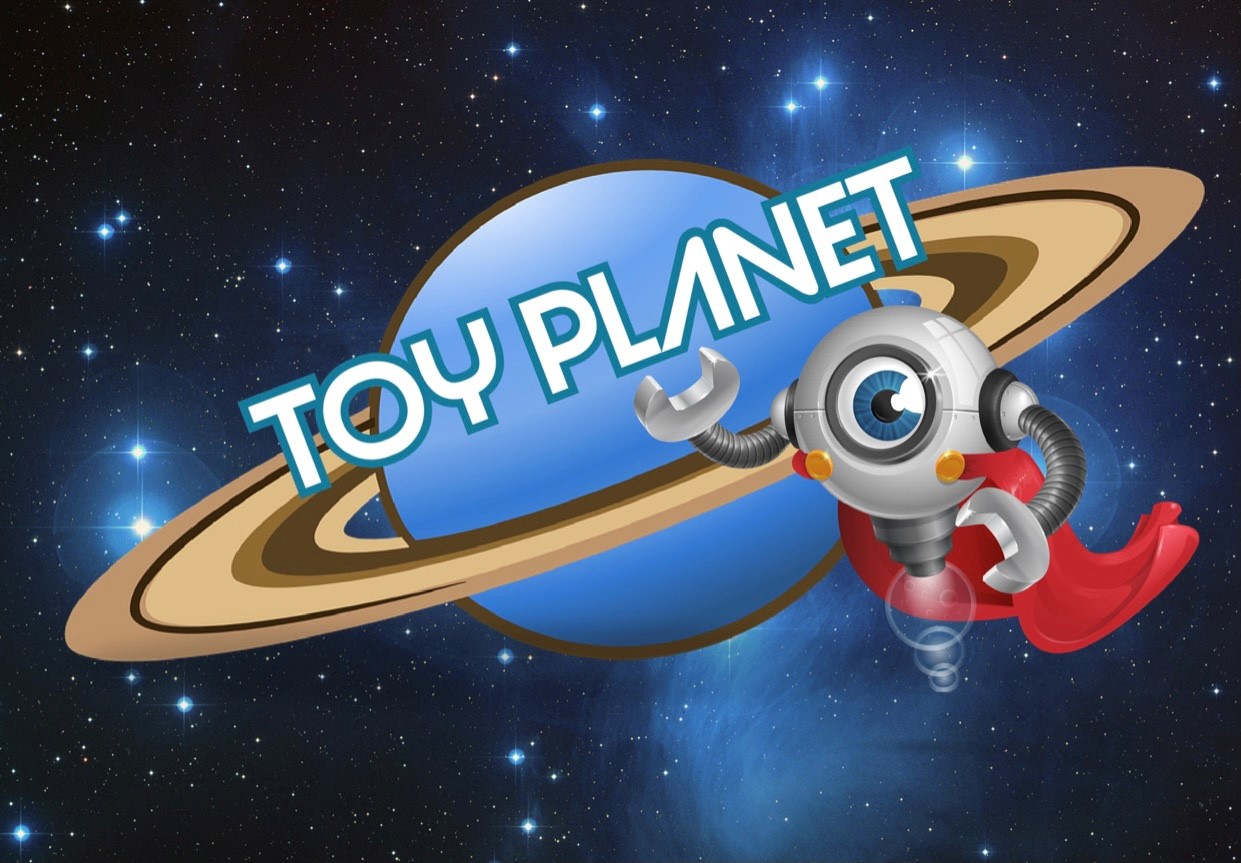 Blue and gold planet with the words Toy Planet over it. There is also a robot with one blue eye standing beside the planet.