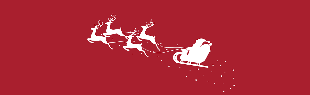 Illustration of a silhouette of Santa's sleigh being pulled by reindeer against a red background