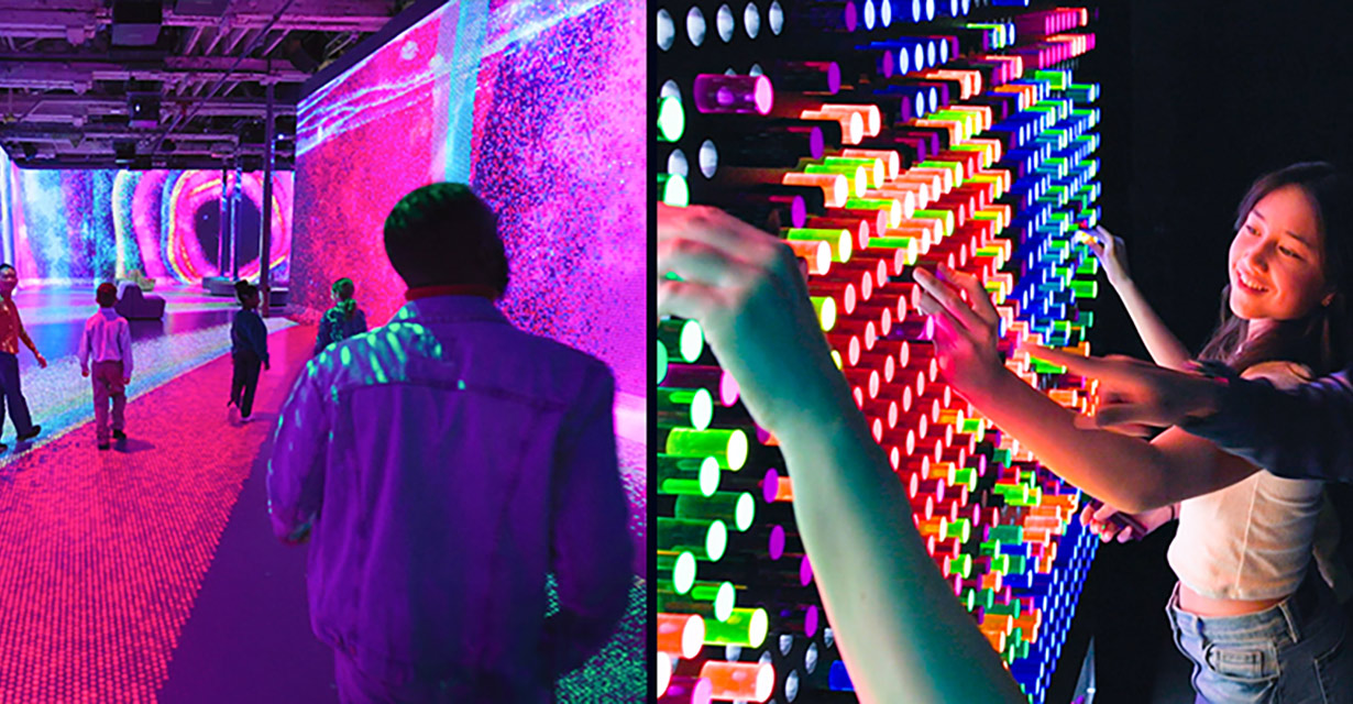 A composite of two side by side images showing guests enjoying two rooms at Lite-Brite: Worlds of Wonder