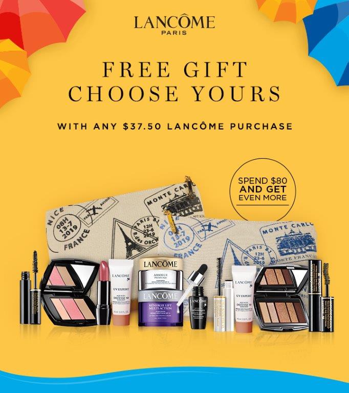 Macy's Lancôme products including mascara, blush, skin care, eye shadow, etc. Photo text states, "Lancome Paris, FREE GIFT CHOOSE YOURS with any $37.50 Lancome purchase".