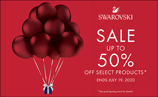 Image of red balloons carrying a jewelry box. Text reds: "Swarovski Sale up to 50% off select products. End July 19, 2020. See participating store for details."