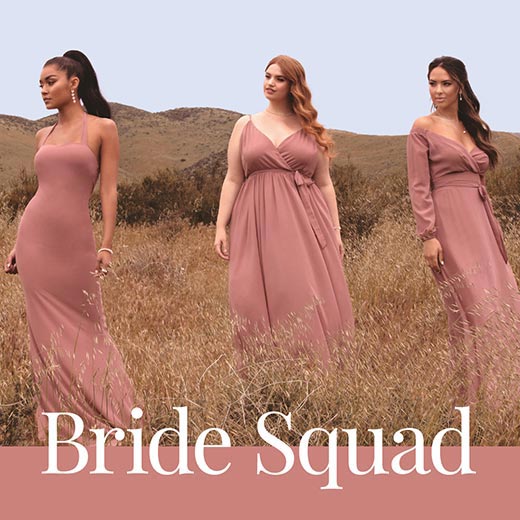 three attractive women posing in 3 different styles of bridesmaid dresses.