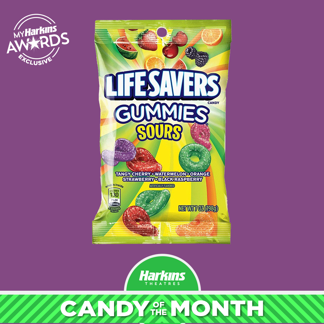 Bag of Lifesavers gummies on a purple background with a bar at the bottom calling them out as the Candy of the Month