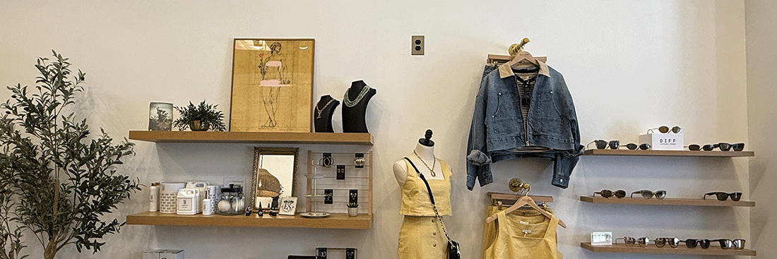 clothing boutique with glasses, dresses, necklaces and various accessories of nice fashion