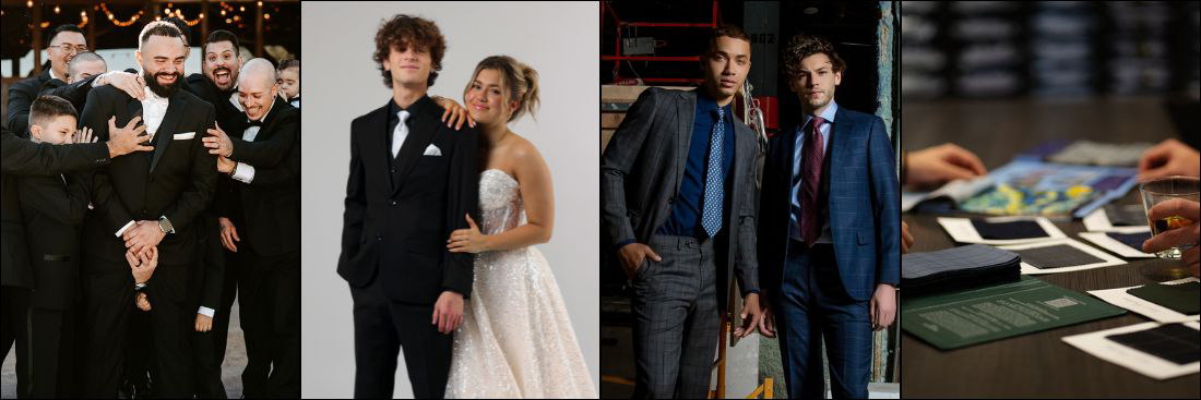 Four-panel collage showcasing men’s formalwear and tailoring: on the left, a group of men in black tuxedos laugh and celebrate together; second, a young couple dressed for prom, with the woman in a light-colored gown and the man in a black suit; third, two men model tailored suits in a stylish indoor setting; on the right, a close-up of hands reviewing fabric swatches and materials on a table.