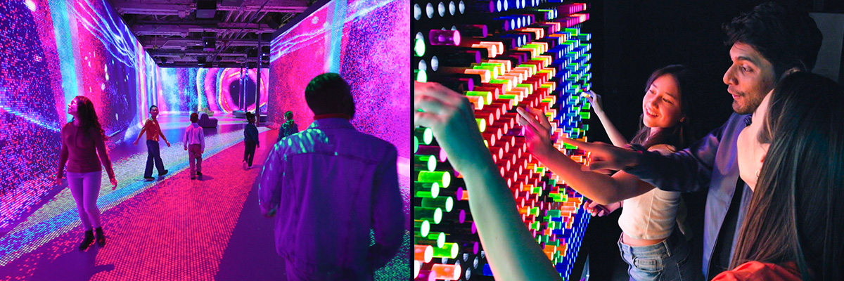 Guests interacting with the immersive Lite-Brite experience