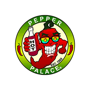 Pepper Palace est. 1989. A cartoon chili pepper holding a bottle that says "Hot" on the label.
